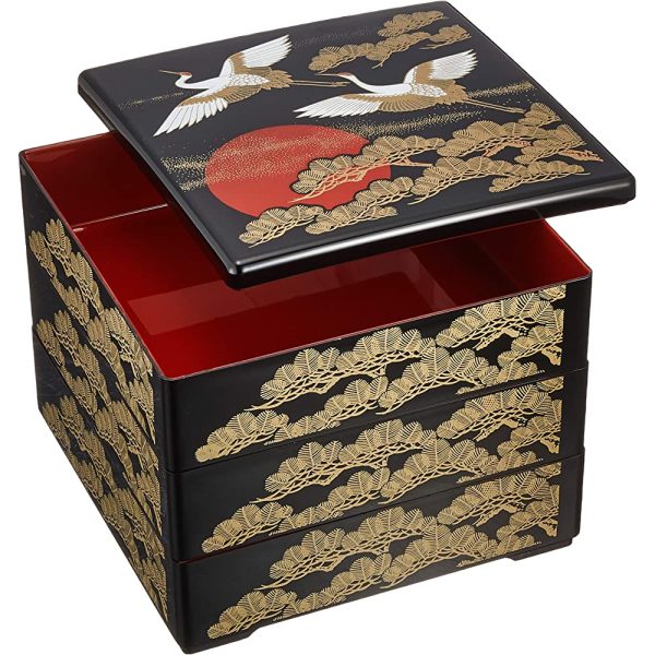 Wakaizumi Lacquerware 3 Tier Well, 6.5 Equal Weight Kurouchi Vermillion Coating Sunrise Crane 1 – 459 – 41 Online Sale